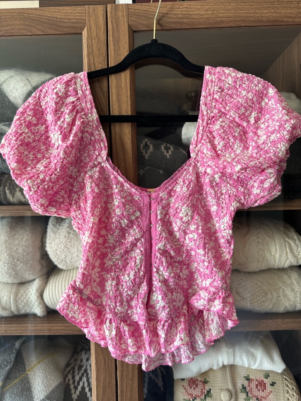 Free People Pink Floral Puff-Sleeve Ruffled Peplum Top
